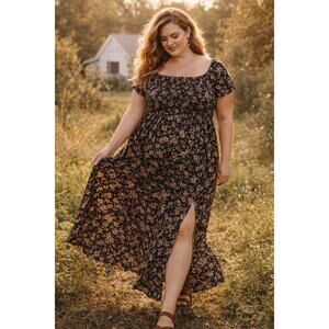 Womens Floral Cottagecore Maxi Dress SZ 2X Smocked Short Sleeve Boho Romantic